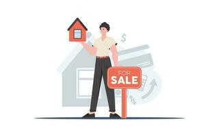 une homme avec une pour vente signe détient une petit maison dans le sien mains. le concept de vente une maison. branché style. vecteur illustration.