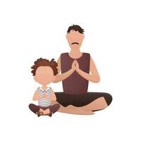 une homme avec une mignonne peu fille sont séance Faire yoga dans le lotus position. isolé. dessin animé style. vecteur