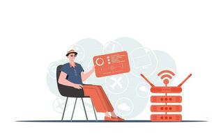 l'Internet de des choses concept. une homme est assis dans une chaise et détient une panneau avec analyseurs et indicateurs dans le sien mains. bien pour sites Internet et présentations. vecteur illustration.