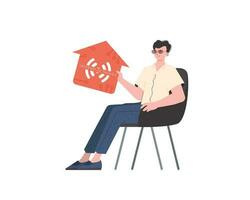 une homme est assis dans un fauteuil et détient une maison icône dans le sien mains. iot concept. isolé sur blanc Contexte. vecteur illustration dans branché plat style.