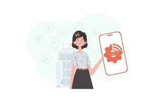 iot concept. une femme détient une téléphone avec le iot logo dans sa mains. vecteur illustration dans plat style.