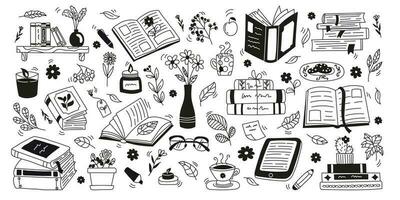 ensemble main tiré griffonnage éléments tomber feuilles, fleurs, ouvert papier livres, livre électronique, bougies, papeterie, lunettes, tasse. plat vecteur illustration sur blanc Contexte.