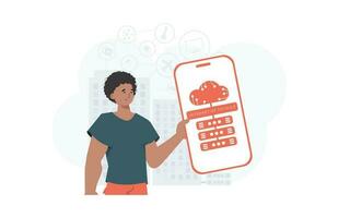 l'Internet de des choses et automatisation concept. le gars est en portant une téléphone avec le iot logo dans le sien mains. vecteur illustration dans plat style.