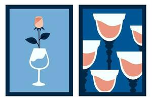 branché cartes avec verre de vin, cocktail, Rose. collection de moderne contemporain affiches. vecteur plat illustration pour la Saint-Valentin jour, vacances, cadeau, romantique dîner, faire la fête, mariage, sortir ensemble