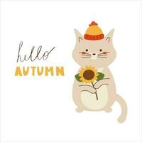 dessin animé personnage de chat dans chapeau avec fleur dans ses pattes. vecteur illustration avec l'automne caractères pour cartes, bannières et impression