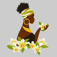 belle jeune femme noire. fille afro-américaine avec des fleurs de plumeria. personnage ethnique féminin en costume national. art du portrait. illustration plate de dessin animé de vecteur pour avatar, mode, carte