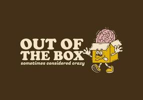en dehors de le boîte, mascotte personnage de une papier carton boîte avec une Humain cerveau sur il vecteur