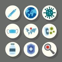 ensemble de neuf icônes de jeu de vaccin contre le virus covid19 vecteur