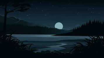 vecteur illustration de magnifique étoilé nuit avec montagne, Lac et plein lune