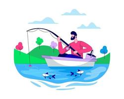 homme, pêche, dans, lac, plat, illustration, concept vecteur