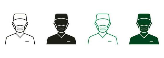 chirurgien homme ligne et silhouette Icônes. professionnel chirurgien médecin, hôpital Personnel noir et Couleur symbole collection. Plastique chirurgie spécialiste dans masque pictogramme ensemble. isolé vecteur illustration.