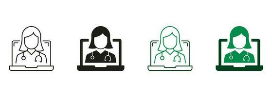 en ligne éloigné soins de santé pictogramme. en ligne numérique médicament ligne et silhouette icône ensemble. virtuel médical service, télémédecine symbole collection. médecin dans ordinateur. isolé vecteur illustration.