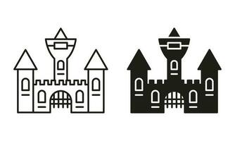 vampire dracula Château ligne et silhouette noir icône ensemble. Halloween gothique effrayant Château pictogramme. effrayant foncé vieux Château pour Halloween fête symbole collection. isolé vecteur illustration.