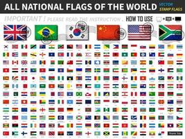 tous les drapeaux nationaux officiels du monde. ancienne conception de forme de timbre avec texture de rayures et d'abrasion. vecteur
