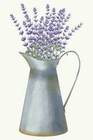 lavande bouquet dans ancien métal rustique pot. main tiré aquarelle illustration de violet fleurs dans jardin équipement pour salutation cartes ou invitations sur blanc isolé Contexte. floral dessin vecteur