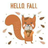 mignonne écureuil avec gland dans griffonnage style avec l'automne feuilles . imprimer, enfants illustration, vecteur