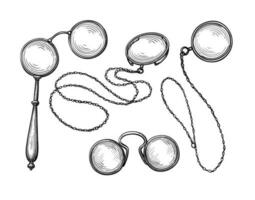 pince-nez, lorgnette et monocles. ancien lunettes. ancien correctif lentilles. encre esquisser ensemble isolé sur blanc Contexte. main tiré vecteur illustration. rétro style.