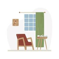 intérieur scène avec confortable fauteuil et café tableau. milieu siècle classique vivant chambre. intimité zone pour repos et relaxant suivant à la fenêtre. en train de lire zone avec l'horloge main tiré plat vecteur illustration