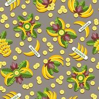 arrière-plan harmonieux avec bananes, logos, emblèmes, badges avec bananes, fleurs de bananier, feuilles, tranches, régime de bananes. bon pour la décoration des emballages alimentaires, l'emballage. motif vectoriel