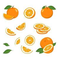 ensemble d'icônes orange. fruit entier brillant, moitié, tranches avec des feuilles. nourriture pour une alimentation saine, dessert, mandarine douce, limonade. éléments pour la conception de printemps et d'été vecteur