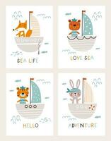 cartes dessin animé animaux en voyageant par bateau. vecteur illustration