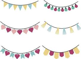 drapeau anniversaire faire la fête. coloré, drapeaux, confettis, petits gâteaux, cadeaux, et décoratif rubans. vecteur illustration