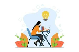 réussi étude concept, en ligne cours, moderne éducation. fille séance sur chaise et en train d'étudier en ligne avec portable. en ligne apprentissage. vecteur illustration dans plat conception sur blanc Contexte.