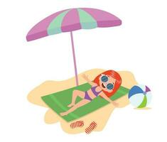 enfant sur plage serviette en dessous de parapluie, plat dessin animé vecteur illustration isolé