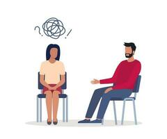 psychothérapeute a un individuel session avec sa patient. parler thérapie concept. vecteur illustration.