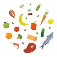 Frais en bonne santé des produits. biologique nourriture de le cultiver. légumes, Viande, poisson et des fruits. vecteur illustration.