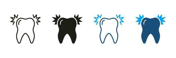 les dents douleur, dent mal, sensibilité, douloureux. mal aux dents silhouette et ligne icône ensemble. dentisterie, oral soins de santé pictogramme. dentaire traitement symbole collection. isolé vecteur illustration.