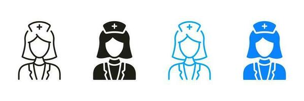 hôpital Personnel pictogramme. médecin femme ligne et silhouette icône ensemble. femelle médical spécialiste. médecin professionnelle. infirmière symbole noir et Couleur collection. isolé vecteur illustration.