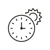 l'horloge et Soleil linéaire pictogramme. été temps ligne icône. alarme pour bain de soleil. lever du soleil et le coucher du soleil heures signe. Matin soleil, heure d'été contour symbole. modifiable accident vasculaire cérébral. isolé vecteur illustration.