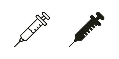 vaccin injection pictogramme. seringue, aiguille ligne et silhouette noir icône ensemble. médical injecter symbole collection. soins de santé immunisation. vaccination, injecteur signe. isolé vecteur illustration.