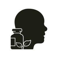 éco pharmaceutique pilule avec en bonne santé la personne silhouette icône. Naturel vitamine glyphe pictogramme. à base de plantes médicament et Humain tête solide symbole. biologique la nature pharmacie signe. isolé vecteur illustration.