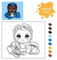 coloration livre pour enfants. feuille de travail pour dessin avec dessin animé anime fille. mignonne enfant avec coquelicots. coloration page avec Couleur palette pour les enfants. vecteur illustration.