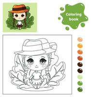 coloration livre pour enfants. feuille de travail pour dessin avec dessin animé anime fille dans une chapeau. mignonne enfant avec nattes et feuilles. coloration page avec Couleur palette pour les enfants. vecteur illustration.