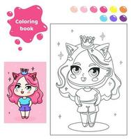 coloration livre pour enfants. feuille de travail pour dessin avec dessin animé anime fille. mignonne Princesse avec couronne et rose cheveux. coloration page avec Couleur palette pour les enfants. vecteur illustration.