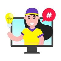 blogueuse jeune garçon sur l'écran vidéo vidéoblogging sur les médias sociaux faire du contenu sur le site vidéo illustration vectorielle de conception de style plat isolée sur fond blanc tutoriel de marketing social vecteur