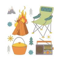 camping et randonnée ensemble, tiré éléments chaudron, feu, chaise, radio. vecteur