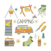 camping et randonnée ensemble, tiré éléments chaudron, couteau, dormeur, van, radio, chaussettes. vecteur