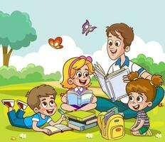mignonne des gamins et père en train de lire ensemble.professeur en train de lire livres à les enfants. vecteur