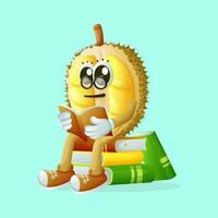mignonne durian personnage portant des lunettes et en train de lire une livre vecteur