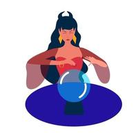 une jeune femme-un oracle, une diseuse de bonne aventure, une sorcière regarde un ballon, prédit l'avenir.astrologie, mysticisme, prédiction. une femme gitane est titulaire d'une illustration plate seance.vector en style cartoon vecteur