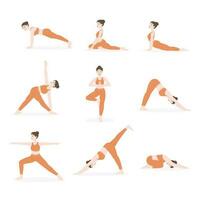 une ensemble de de base yoga pose. une Jeune fille est Faire yoga. une collection de yoga pose isolé sur une blanc Contexte. vecteur plat illustration