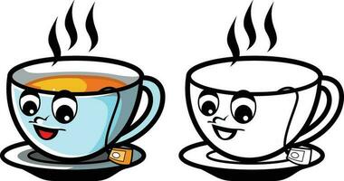 dessin animé fumeur tasse de thé mascotte personnage vecteur illustration , content dessin animé thé tasse agrafe art coloré et noir et blanc ligne art Stock vecteur image
