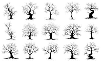 arbre de branche noire ou ensemble de silhouettes d'arbres nus. illustrations isolées dessinées à la main. vecteur