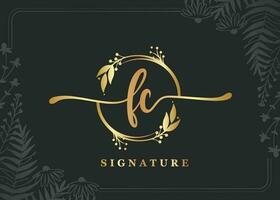 luxe or Signature initiale fc logo conception isolé feuille et fleur vecteur