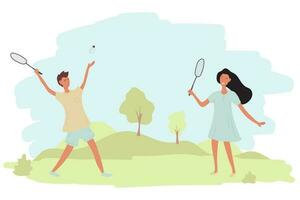 une couple une gars et une fille sont en jouant badminton en plein air. vecteur illustration.