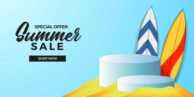 modèle de bannière d'offre de vente d'été avec affichage de produit de podium de cylindre 3d avec plage de sable et planche de surf et fond bleu vecteur